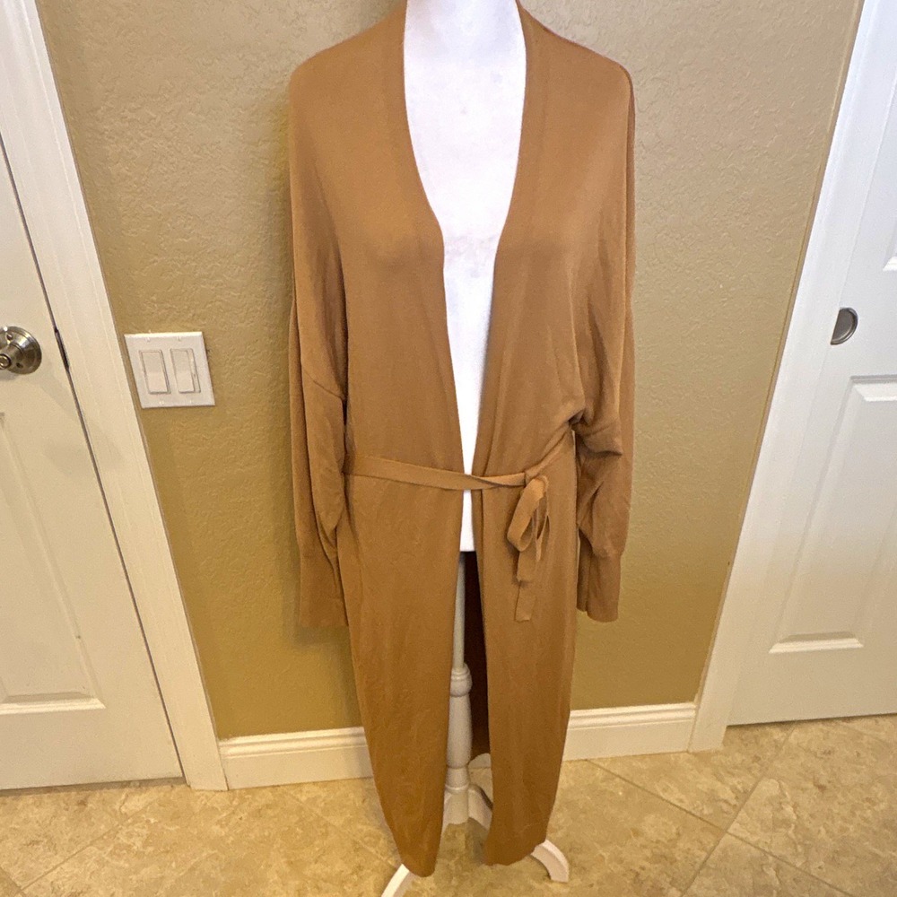 Express Women's Camel Colored Knit Long Sleeve Belted Cardigan/ Duster ,L